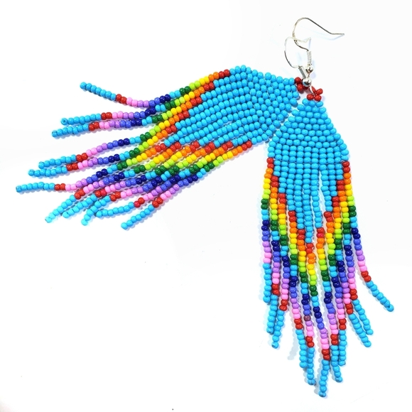 🌈 Turquoise Rainbow Long Fringe Seed Bead Earring - Picture 3 of 4